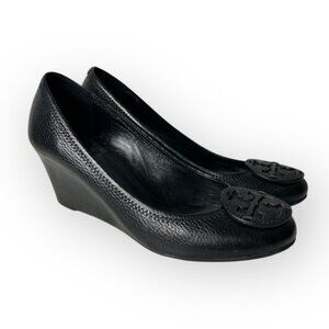 Tory Burch Sally Black Tumbled Leather Wedges 8.5